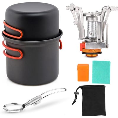 Kampeer kookgerei set met kampeerfornuis spork kookpotten vaatdoek veelkleurig