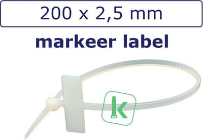PRO-TIE® - Tyraps, kabelbinders met Markeer Label 200 x 2,5 mm Wit naturel (Zak 100 stuks) (tiewrap/tyrap/tie-wrap/bundelbandje/colsonbandje/)