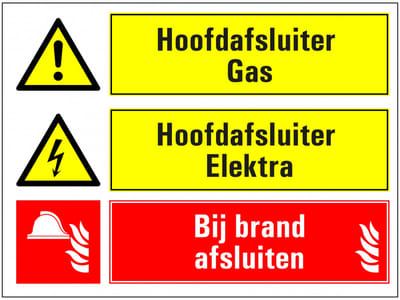 Hoofdafsluiters elektra en gas afsluiten bij brand sticker 280 x 210 mm