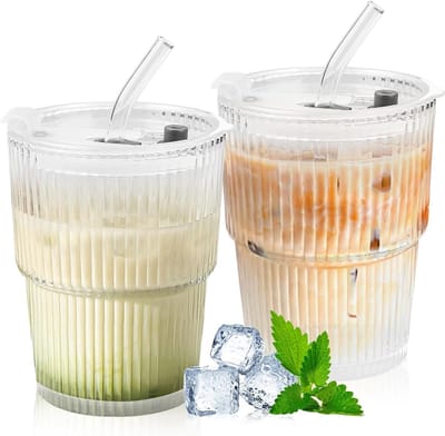 Set van 2 glazen bekers met deksel en rietje, 400ml - Ideaal voor smoothies, koffie, thee en cocktails met luchtdichte en waterdichte eigenschappen