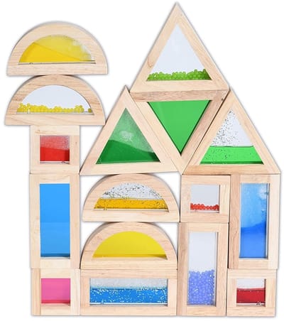 Sensorische Blokken - Houten Speelgoed - Ontwikkelend Spel - Transparante Vulling - 14 cm Rechthoek - Meerdere Kleuren