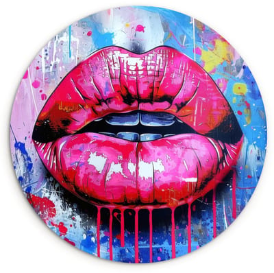 WallCircle® Wandcirkel 120x120 cm - Muurcirkel Graffiti - Lippen - Felroze - Geschilderd - Muurdecoratie woonkamer - Wanddecoratie slaapkamer - Kamer decoratie accessoires - Ronde schilderijen XXL