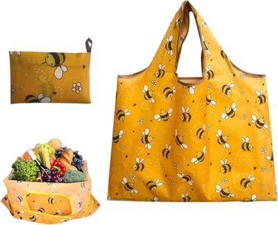 Vouwbare boodschappentassen, herbruikbare en duurzame tas voor winkelen, reizen en uitjes, 52 x 40 cm, geel, milieuvriendelijk en wasbaar