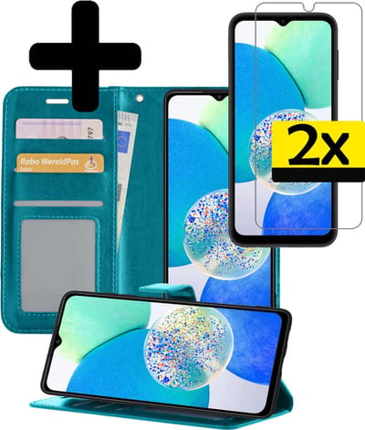 Hoesje - Met 2x Screenprotector - Geschikt voor Samsung Galaxy A14 - Luxe Pasjeshouder - Bookcase Portemonee - Flip Case - Kunstleer Book Case - Flipcase Hoes - Book Cover - Walletcase - Portemonneehoes - Telefoonhoesjes - Turquoise