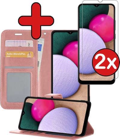 Hoesje - Met 2x Screenprotector - Geschikt voor Samsung Galaxy A02s - Luxe Pasjeshouder - Flip Case - Bookcase Portemonee - Kunstleer Book Case - Flipcase Hoes - Book Cover - Walletcase - Portemonneehoes - Telefoonhoes - Rosé goud