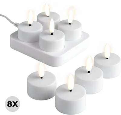 Lomera Oplaadbare LED Theelichtjes - Veilig Alternatief Waxinelichtjes - Duurzaam Oplaadbaar - Usb-Kabel Inbegrepen - Ni-Mh Batterijen - Oplaadbasis - Set van 8 - LED Kaarsen - Theelichtjes met Lader - Draadloos en Veilig - Flikkerende Vlam