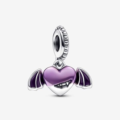 Fler® | Bedel | Past op populaire bedel armbanden (standaard-3mm) | armbandbedel | Vampier gevleugeld hart | Vampire Winged Heart | Hangbedel Charm | 925 sterling zilver | Paarse emaille | Verjaardagsgeschenk, cadeau | Valentijn kado