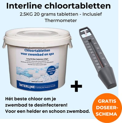Interline Chloortabletten zwembad 20 gram 2,5 kg - Chloortabletten zwembad - Chloortabletten 20 gram per tablet - Verpakking van 2,5kg - Langwerkende chloortabletten - Gratis thermometer - Inclusief doseerschema