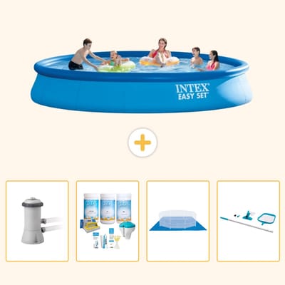 Intex Rond Opblaasbaar Easy Set Zwembad - 457 x 84 cm - Blauw - Inclusief Pomp - Onderhoudspakket - Grondzeil - Schoonmaakset - 5-delig