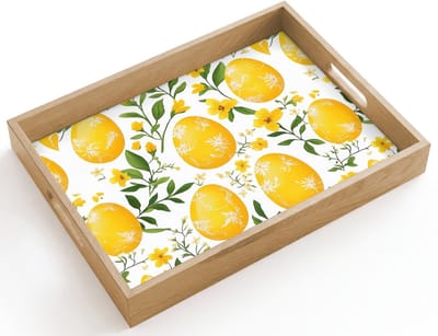 Dienblad hout 40x30 cm - Schootdienblad - Bloemen - Paaseieren - Geel - Borrelplank rechthoek - Plateau dienbladen