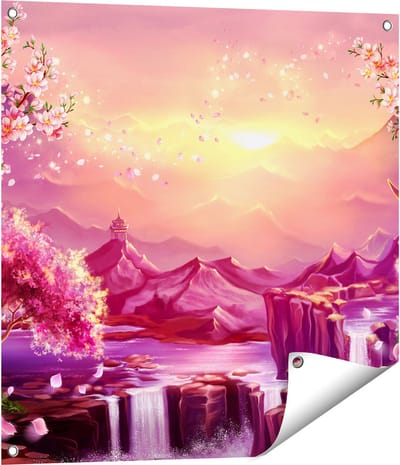 Gards Tuinposter Illustratie van Watervallen met Bloesems - 70x70 cm - Tuindoek - Tuindecoratie - Wanddecoratie buiten - Tuinschilderij