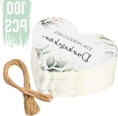 Hartvormige Bedanklabels van 5 cm met 10 m Jute Touw, Eucalyptus Hanger voor Bruiloften, Verjaardagen en Gastcadeaus (100 stuks)