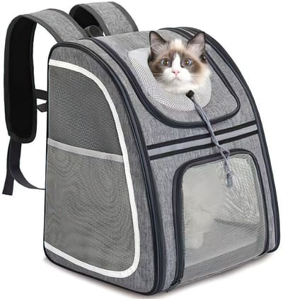 Opvouwbare Kattenrugzak – Ademend Dierenvervoer Tas met 4-Ring Staalframe – Zwart/Grijs