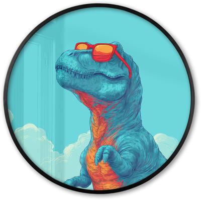 Poster in lijst Rond - Fotolijst 60x60 cm - Posters - T-Rex - Blauw - Wolken - Zonnebril - Ronde posterlijst zwart - Decoratie - Wanddecoratie woonkamer - Muurdecoratie slaapkamer