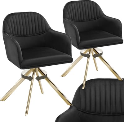tectake® Fluwelen draaistoel - Bureaustoel - Eetkamerstoel met armleuningen - Fluwelen bureaustoel, keukenstoel, woonkamerstoel - 56 x 59 x 81 cm - Set van 2 - Zwart/goud