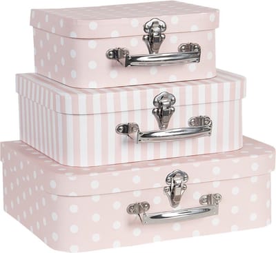 Clayre & Eef Decoratie koffer Set van 3 30x21x9/25x18x9/20x16x8 cm Roze Wit Karton Rechthoek Opbergkoffer