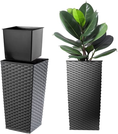 KADAX Bloempot bloembak van kunststof plantenbak voor bloemen binnen en buiten tuin balkon terras huis weerbestendig imitatie rotan (68 cm hoog grafiet rotan)