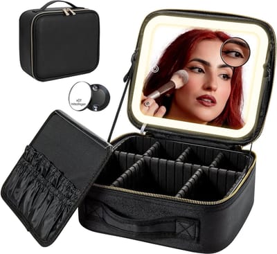 Make-up spiegel Ledlicht Draagbare Make-uptas voor op Reis Verstelbare Scheidingswanden Zwart