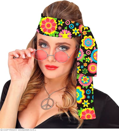 Widmann - Hippie Kostuum - So 60s Hoofdband Power Of Flower - Zwart, Multicolor - Carnavalskleding - Verkleedkleding
