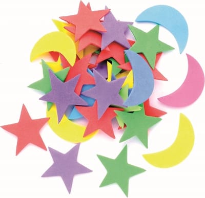 Hobby foam vormen - sterrenhemel - maantjes en sterren gekleurd - 160x stuks - 3-4 cm - Knutselen artikelen - zelfklevend