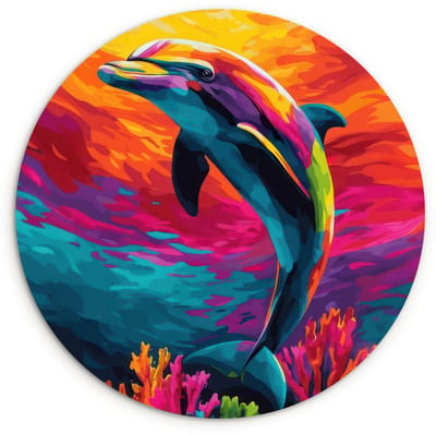 WallCircle® Wandcirkel 120x120 cm - Muurcirkel Dolfijn - Kleurrijk - Oceaan - Koraal - Muurdecoratie woonkamer - Wanddecoratie slaapkamer - Kamer decoratie accessoires - Ronde schilderijen XXL