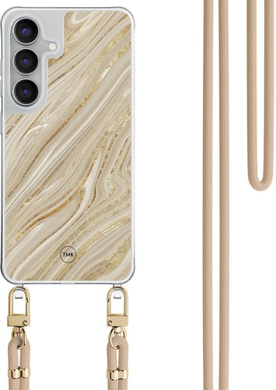 Telefoonhoesje met koord geschikt voor Samsung S25 FE - Golden marble - Inclusief Beige koord - Transparant, Goud - Marmer - Crossbody beschermhoes - Met Telefoonketting