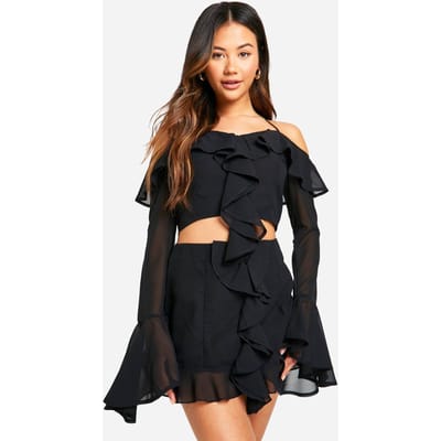 boohoo Dames Chiffon minirok met ruches aan de voorkant | Zwart | Maat: 38