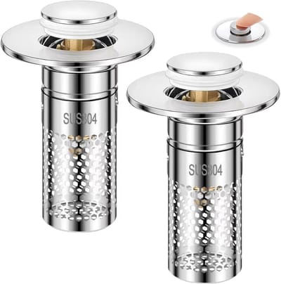 Afvoerplug-2 stuks afvoerstop-afvoerzeef-badkamer wastafelplug met haaropvanger -Opklapbare gootsteenafvoerzeef - met verwijderbare roestvrijstalen zeefmand Haaropvanger - voor vervanging van badkamer wastafelplug - Zilver