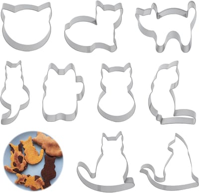 Set van 9 RVS Katvormige Uitsteekvormen, Duurzaam en Voedselveilig voor Koekjes, Fondant en Bakprojecten