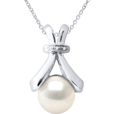 Halsketting Sieraden Diamant 0,01Cts Wit Goud en Echte Gecultiveerde Zoetwater Pareloester 6-7 mm