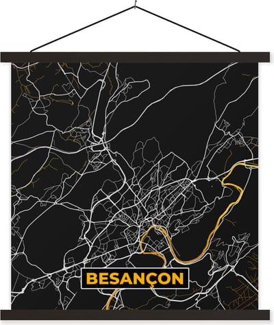 Posterhanger incl. Poster 60x60 cm - Schoolplaat - Stadskaart – Plattegrond – Besançon - Kaart – Frankrijk - Textielposter - Zwarte latten - Stadskaart