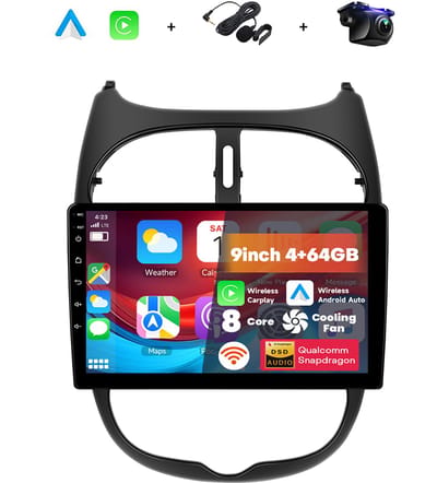 Boscer 2 Din Autoradio - Geschikt voor Peugeot 206, Peugeot 206CC & Citroën C2 (2002-2010) - Draadloos Apple CarPlay & Android Auto - 8-Core Snapdragon - 9 Inch HD Touchscreen - 4+64GB - WiFi, Bluetooth & USB - Achteruitrijcamera & Microfoon