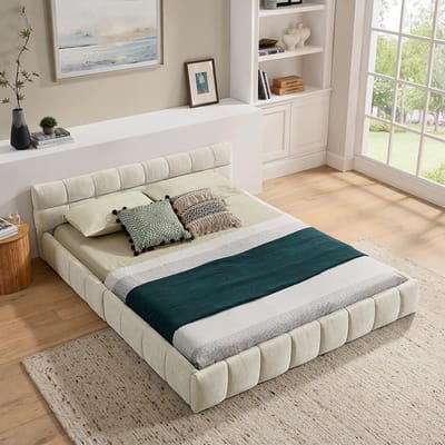 Pugsdrly Tweepersoonsbed 140*200 cm, bed met zijdezachte chenille-bekleding, vierkant quiltontwerp, gemaakt van ecologisch eucalyptushout en een stabiel ijzeren frame, eenvoudige montage, beige (zonder matras)