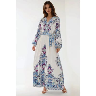 Geprinte V-hals Maxi-jurk met Ceintuur