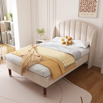 Gestoffeerd Eenpersoonsbed 90x200 cm met Lattenbodem en Hoofdbord - Beige