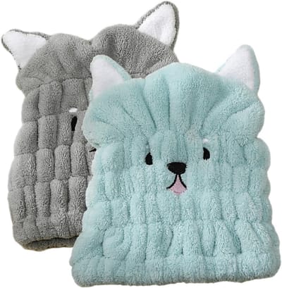 2 Stuks Super Absorberende Microvezel Haardrogende Handdoeken voor Vrouwen - Koraal Fleece Haar Tulband met Schattige Oren