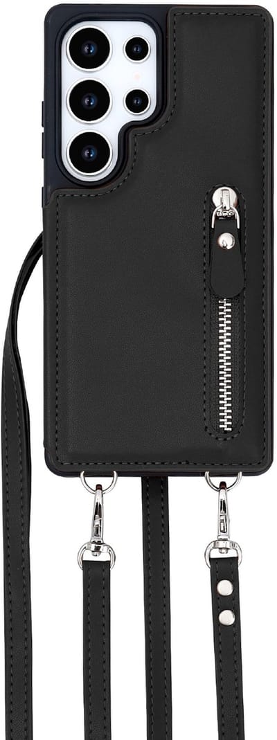 Casemania Hoesje Geschikt voor Samsung Galaxy S25 Ultra - Zwart - Luxe Back Cover met Koord & Rits - Wallet Case met Pasjeshouder - Lanyard Telefoonhoes - Cord Case