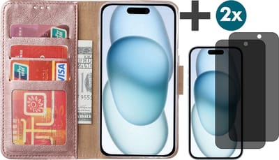 Hoesje met Privacy Screenprotectors 2 Stuks Geschikt voor iPhone 15 Plus – Arara bookcase met pasjeshouder - Rosegoud