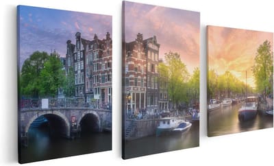 Artaza Canvas Schilderij Drieluik Amsterdamse Grachten  - 120x60 - Foto Op Canvas - Canvas Print