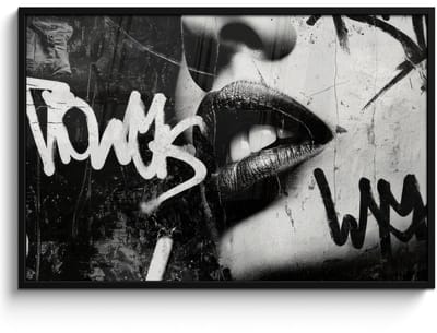 Poster in lijst - Fotolijst 120x80 cm - Posters - Gezicht - Mond - Graffiti - Zwart - Posterlijst zwart - Decoratie - Wanddecoratie woonkamer - Muurdecoratie slaapkamer