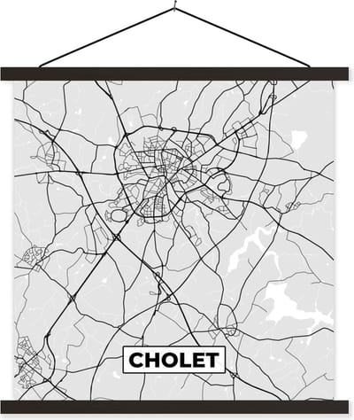 Posterhanger incl. Poster 60x60 cm - Schoolplaat - Plattegrond - Kaart - Stadskaart - Frankrijk - Cholet - Textielposter - Zwarte latten - Stadskaart