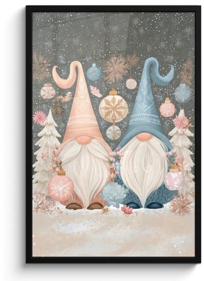 Poster in lijst - Fotolijst 60x90 cm - Posters - Kerst - Gnomen - Pastel - Posterlijst zwart - Decoratie - Wanddecoratie woonkamer - Muurdecoratie slaapkamer - Kerstversiering - Kerstdecoratie voor binnen - Kerstmis
