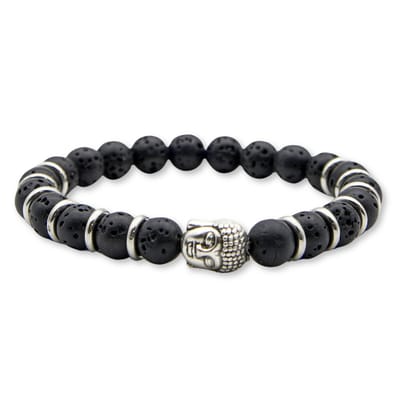 Marama - Buddha Armband Lavasteen - damesarmband - edelsteen lavasteen - bevorderd doorzettingsvermogen - zwart - zilver - buddha bedel - elastisch