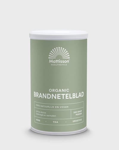 Mattisson - Biologisch Brandnetelblad Poeder - Gedroogd en Vermalen Brandnetel - Rijk aan Ijzer, Eiwitten en Vezels - Immuunsysteem, Energieniveau, Geheugen en Concentratie - Vegan - 200 Gram