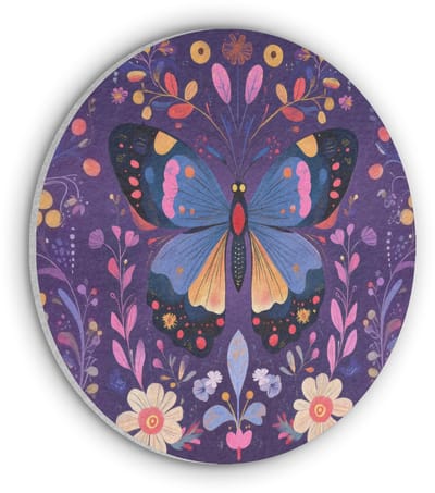 Akoestisch wandpaneel rond 30x30 cm - Vilt schilderij Sierlijk - Bloemen - Vlinder - Paars - Ronde akoestische panelen - Geluidsdempende wanddecoratie - Geluidsisolatie wandcirkel - Muurdecoratie geluidspanelen