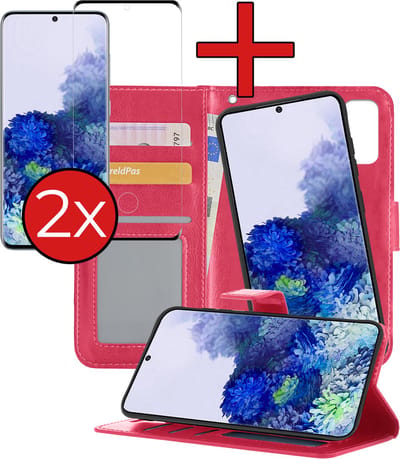 Hoesje - 2 in 1 - Geschikt voor Samsung Galaxy S20 - Met 2x Screenprotector - En Uitneembare Hard Cover - Kunstleer - Bookcase - Wallet Case - Met Pasjeshouder - Book Case - Uitneembaar - Pashouder - Kunstleer - Telefoonhoes - Donkerroze