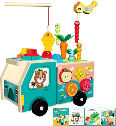 Vormensorteerder - Educatief spel - Motoriek oefenen - Hout met gepolijste randen - 22 x 135 x 125 cm - Boerderijauto