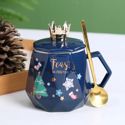 Kerstbeker met een luxe uitstraling, creatieve keramische beker, mok van de kerstman, kerstcadeau, waterbeker met deksel en lepel, beker 301-400ml