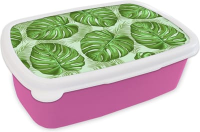 Broodtrommel Roze - Lunchbox - Brooddoos - Monstera - Palmblad - Patronen - 18x12x6 cm - Kinderen - Meisje