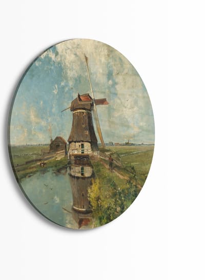 Indoorart - Muurcirkel Een molen aan een poldervaart Plexiglas 30 cm - Wanddecoratie - Afbeelding op Plexiglas - Inclusief ophangplaat